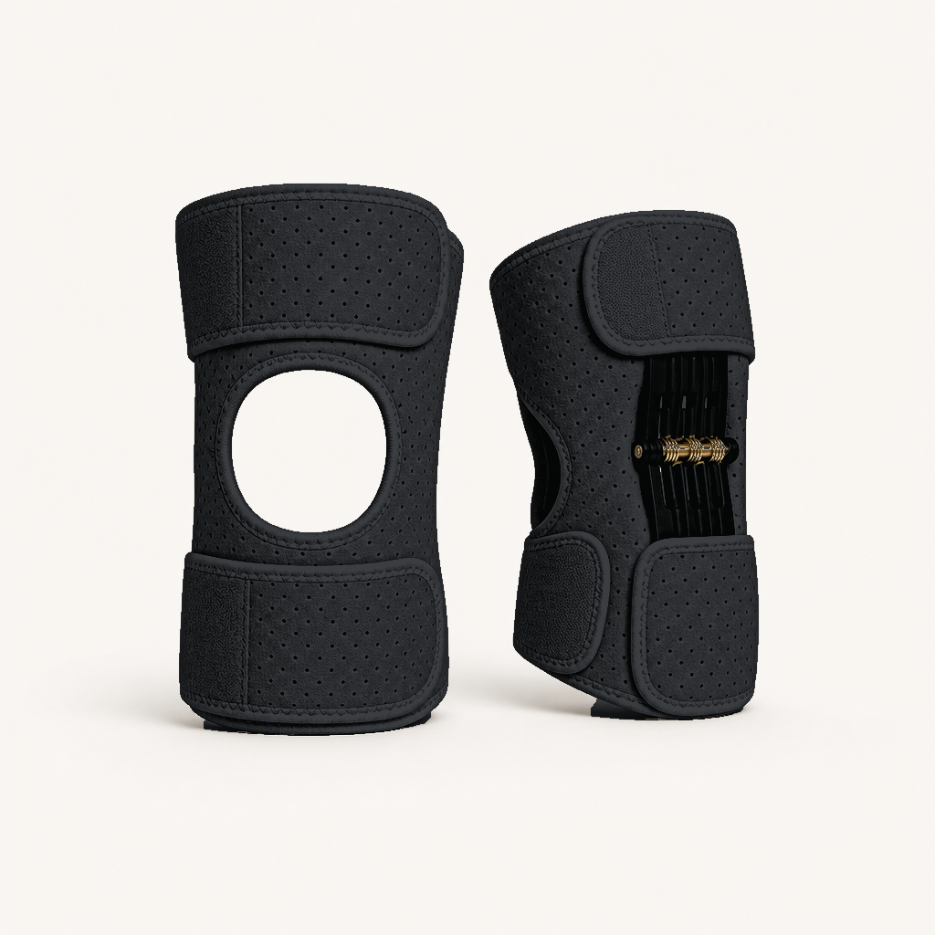 Black StepSpring knee support pair showing the open-knee front and rear spring support