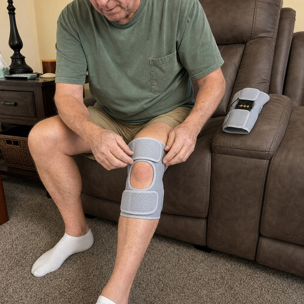 Person holding StepSpring knee supports.
